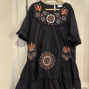 ISH Black Midi Dress with Orange & White Embroidery